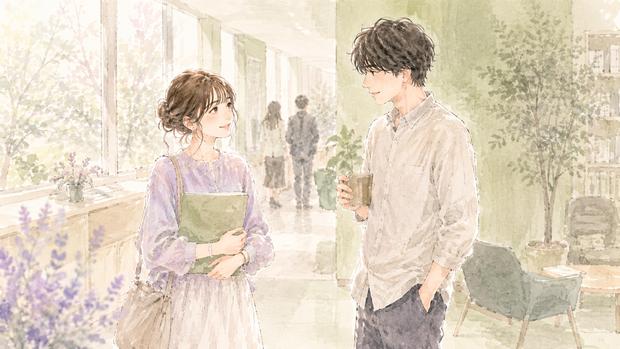 職場や学校のような日常の場所で自然に短く会話する男女