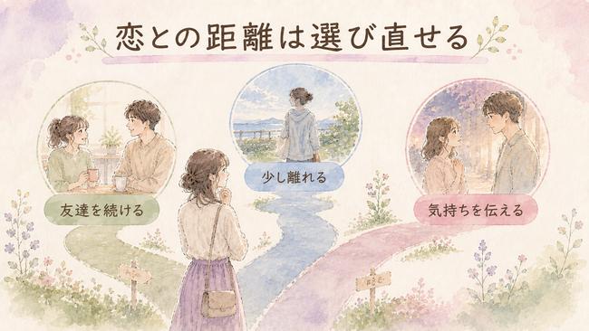 進まない片思いで選べる三つの距離の取り方を示した図解