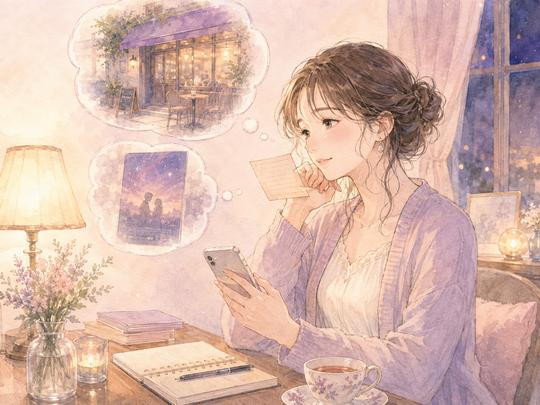 初デートで話した行きたい店を思い出しながら次の誘いを考える女性