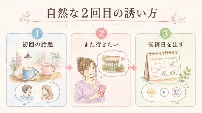 初回の会話から2回目のデートを誘うまでの流れを示した図