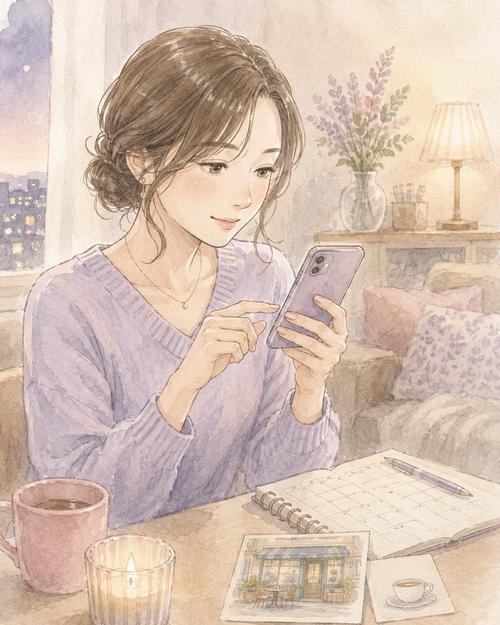 女性が落ち着いた表情で2回目のデートの誘いをスマートフォンから送る場面