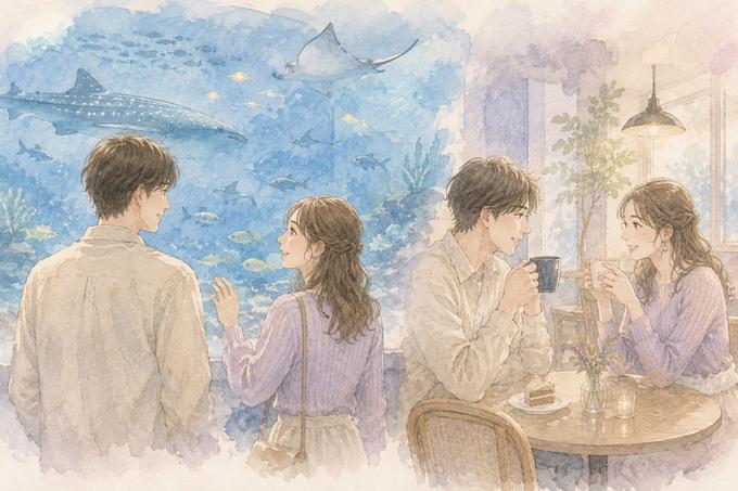 水族館とカフェをゆっくり楽しむ2回目のデートのイメージ
