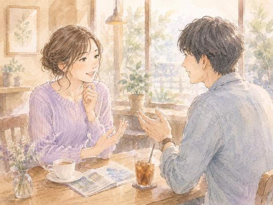 2回目のデートで前回の話題の続きを楽しそうに話す男女