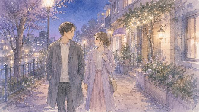 夜道を並んで歩きながら心地よい距離を保つ男女