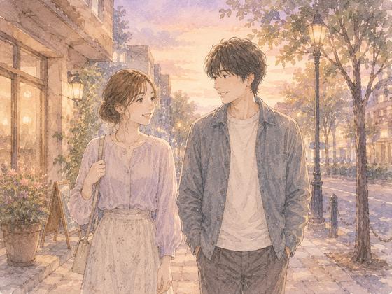 2回目のデートの帰り道に自然な笑顔で並んで歩く男女