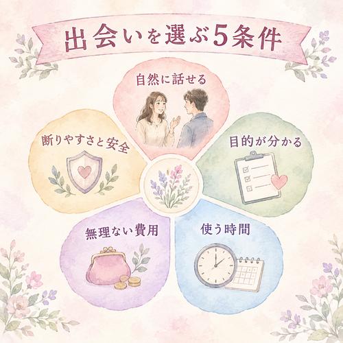 社会人の出会いの場を選ぶ5つの条件を花びら状に整理した図
