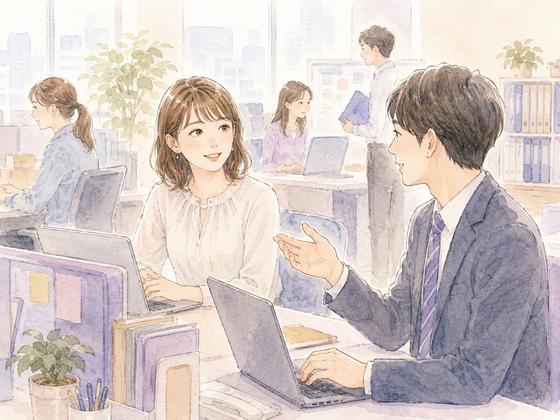 オフィスで適度な距離を保ちながら会話する男女のイラスト