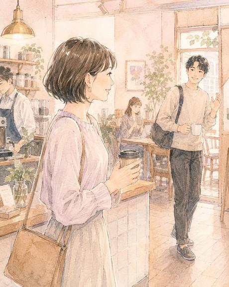 行きつけのカフェで何度か顔を合わせる男女が自然に挨拶する場面