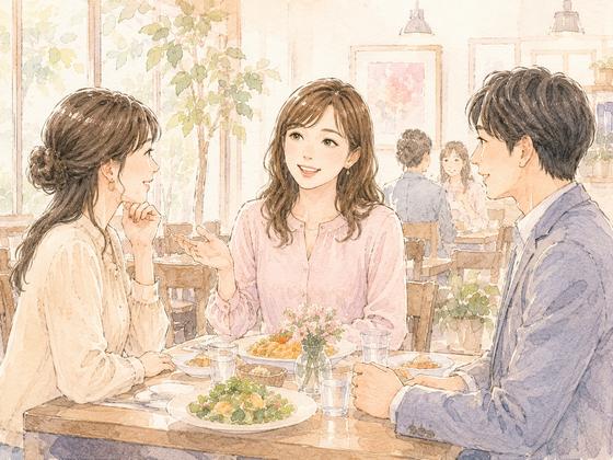 友人を交えた食事で新しい男性を紹介してもらう女性のイラスト