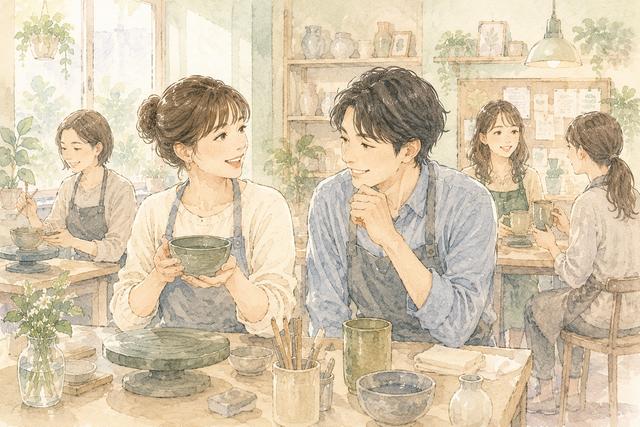 趣味の教室で作品を見せ合いながら自然に会話する社会人男女のイラスト