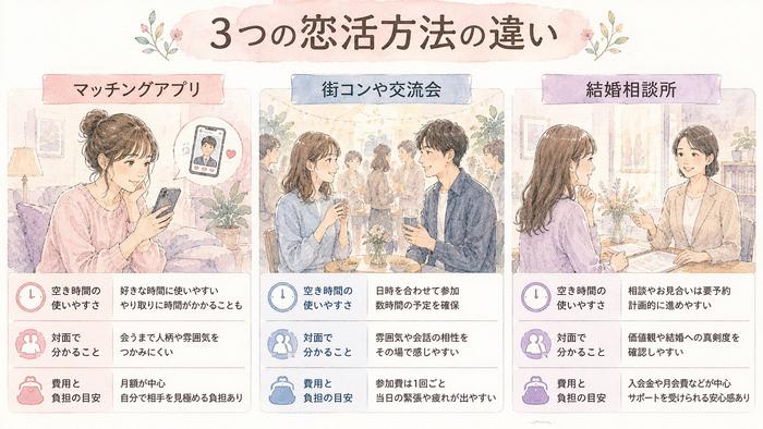 マッチングアプリ、街コンや交流会、結婚相談所の違いを比較した図