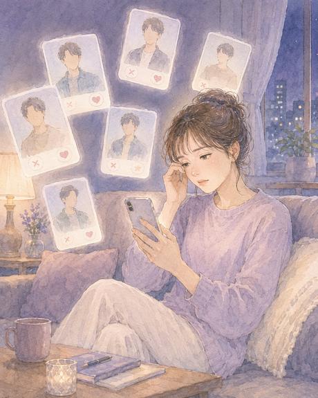 夜にソファでスマートフォンのプロフィールを見続け少し疲れた女性のイラスト