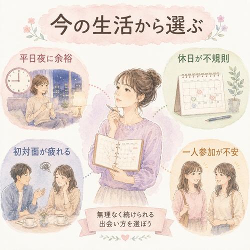 平日夜、不規則な休日、初対面の疲れ、一人参加の不安から出会い方を考える図