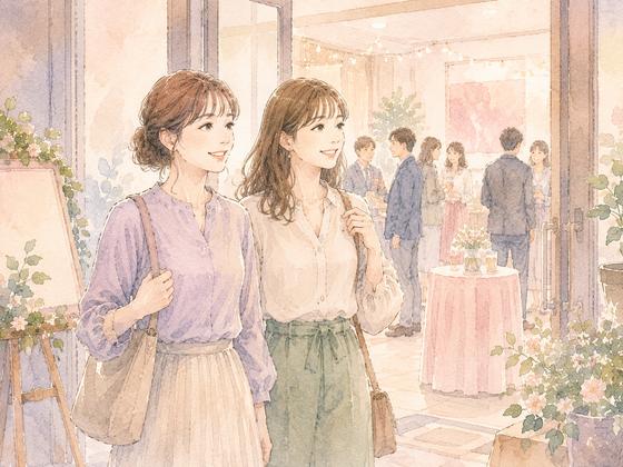 友人と一緒に社会人向けイベントの会場へ入る女性のイラスト