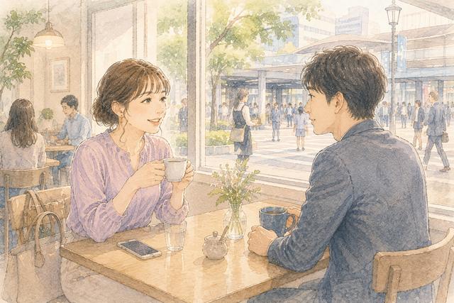 昼の駅近くのカフェで初対面の相手と穏やかに話す女性のイラスト