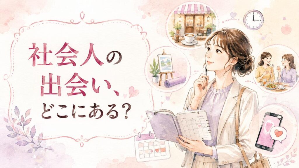 働く女性とカフェや趣味、友人、スマートフォンなど新しい交流の選択肢を描いたイラスト