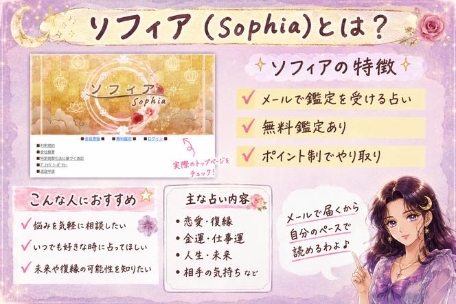ソフィア(Sofhia)の実際のトップページを使い、メール鑑定、無料鑑定、ポイント制などサービスの特徴を整理した解説画像
