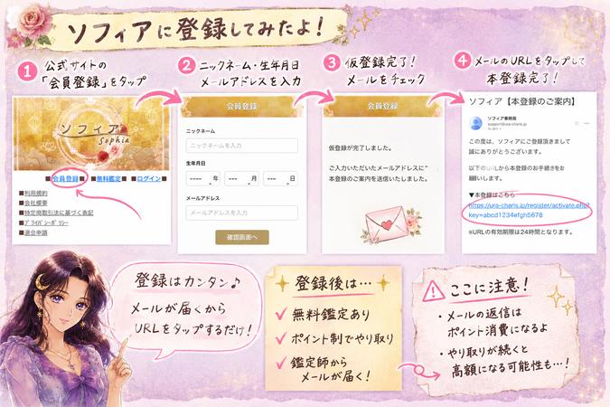 ソフィア(Sofhia)の会員登録ボタンからプロフィール入力、確認メール、本登録までの流れを示した検証画像