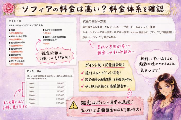 ソフィア(Sofhia)のポイント表と支払い方法を切り抜き、鑑定依頼135ポイントや画像閲覧50ポイントなど課金箇所を整理した画像