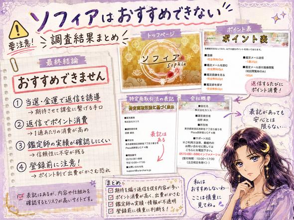 ソフィア(Sofhia)の登録検証、鑑定師、ポイント料金、特商法を振り返り、おすすめできない理由をまとめた画像