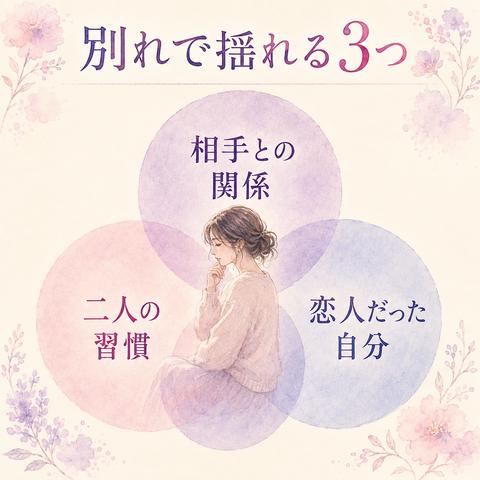 別れたあとに揺れやすい相手との関係、二人の習慣、恋人だった自分の三つを示す図