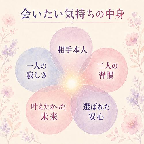 会いたい気持ちを相手本人、習慣、安心、未来、寂しさの五つに分けた図