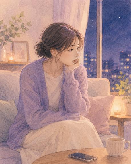 夜の部屋でスマートフォンを伏せて一人静かに過ごす女性