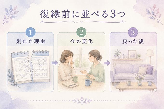 復縁前に別れた理由、今の変化、戻った後を並べて考える図