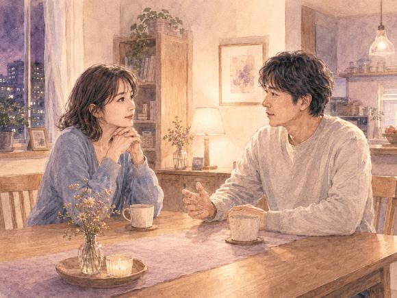 平日の夜に食卓で落ち着いて話す元恋人同士のイメージ