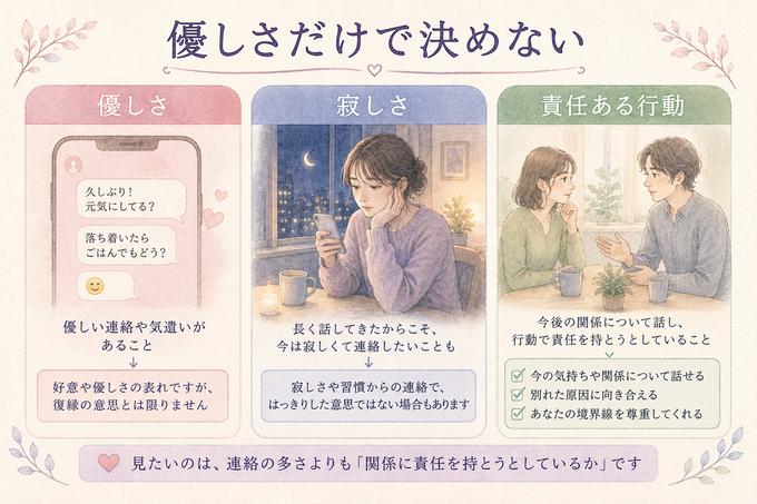 別れた後の優しさ、寂しさ、責任ある行動の違いを整理した図