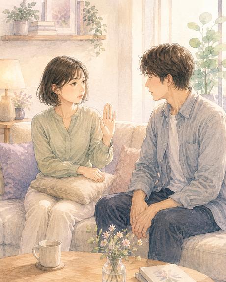 ソファで距離を取りながら相手に自分の意思を伝える女性