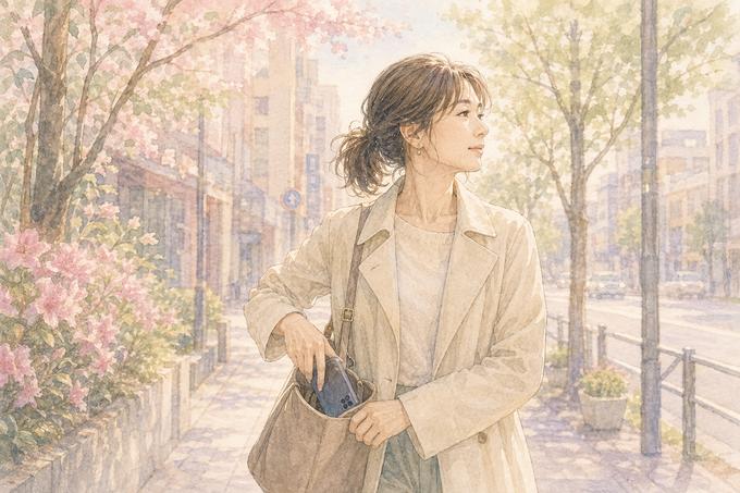 スマートフォンをバッグにしまい朝の街を一人で歩く女性