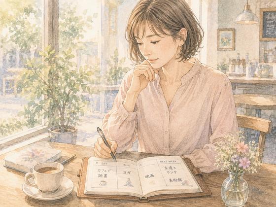 カフェで手帳を開き自分の週末の予定を考える女性