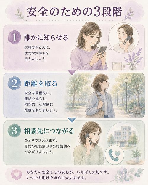怖さがある元恋人との関係で誰かに知らせる、距離を取る、相談する三段階を示す図