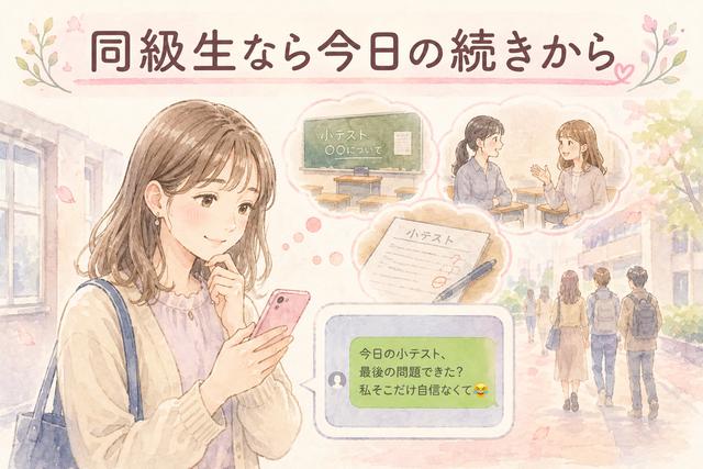学校での出来事を思い出しながら同級生へLINEを送る女性のイメージ