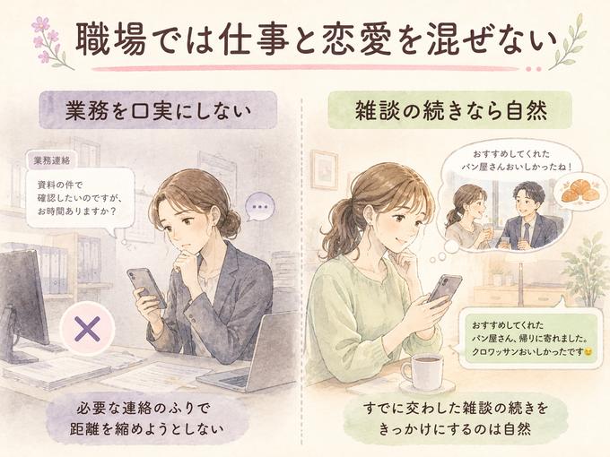 職場での業務連絡と自然な雑談の続きを分けて考える女性の図解