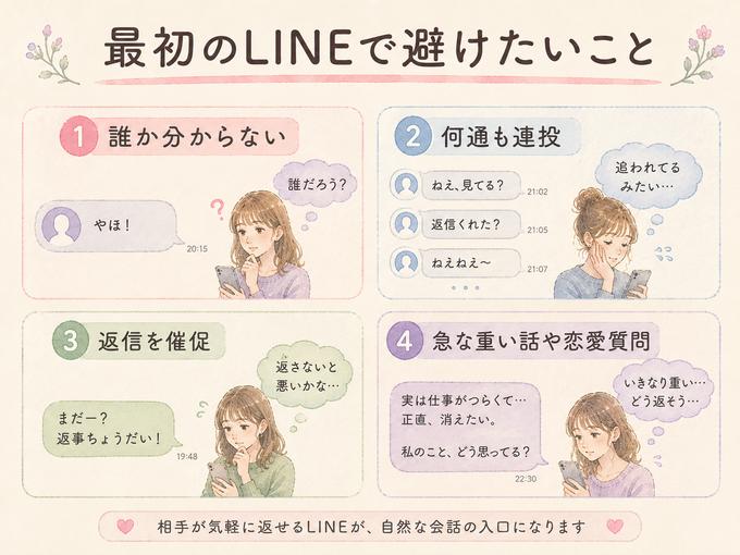 好きな人への最初のLINEで避けたい四つの送り方を整理した図解