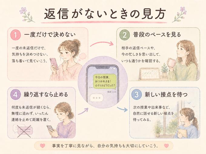好きな人からLINEの返信がないときの考え方を順番に整理した図解