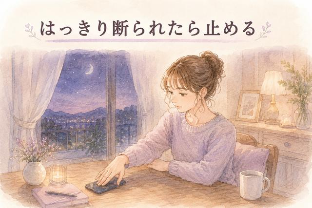 連絡を控えてほしいと言われたあとスマートフォンを置く女性のイメージ