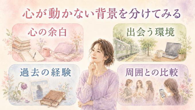 好きな人ができない背景を心の余白、出会う環境、過去の経験、周囲との比較に分けた図