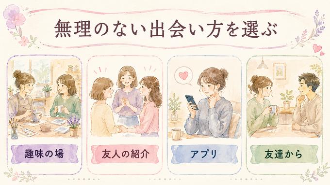 趣味の場、友人の紹介、マッチングアプリ、友達としての交流という出会い方を並べた図