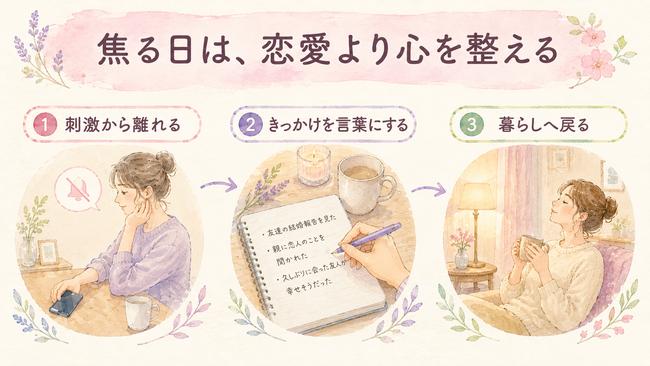 恋愛への焦りが強い日に、刺激から離れ、きっかけを言葉にし、生活へ戻る流れを示す図