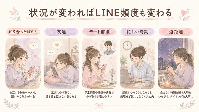 知り合ったばかり、友達、デート前後、忙しい時期、遠距離のLINE場面を整理した図