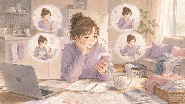 仕事や家事の途中で何度もスマートフォンを確認してしまう女性