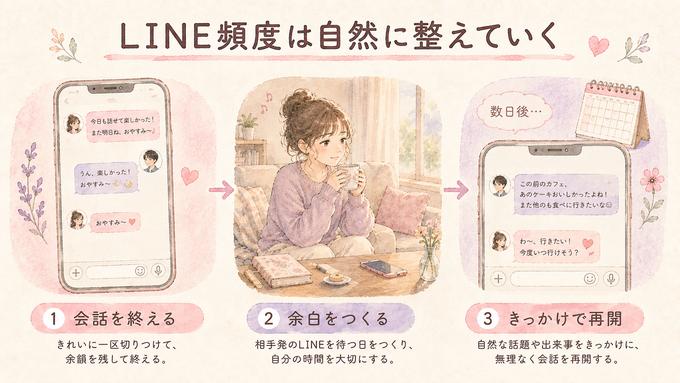 LINEの会話を自然に終え、相手発を待ち、次のきっかけで再開する流れを示した図