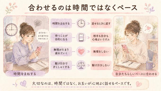 返信時間をまねする駆け引きと自然なLINEペースを比較した図