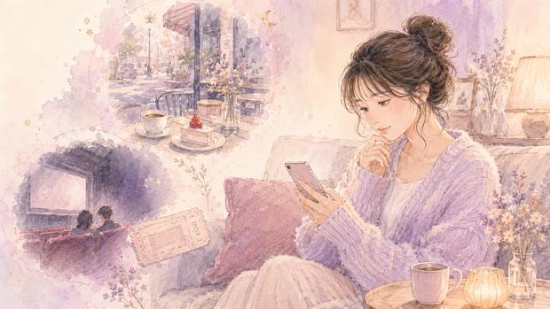 以前話していた映画を思い出して好きな人へLINEする女性のイラスト