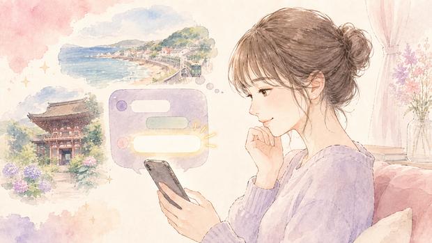 好きな人のLINE返信から一つの言葉を拾って会話を続けるイラスト
