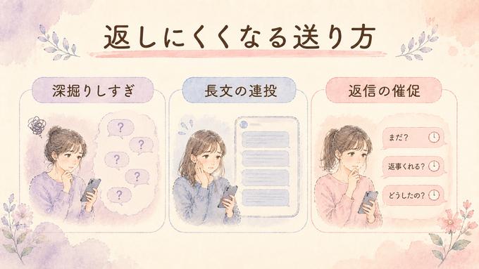 好きな人とのLINEで避けたい深掘り、長文連投、返信催促を示す図解