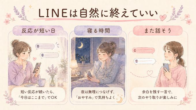 好きな人とのLINEを自然に終える3つの方法を示す図解